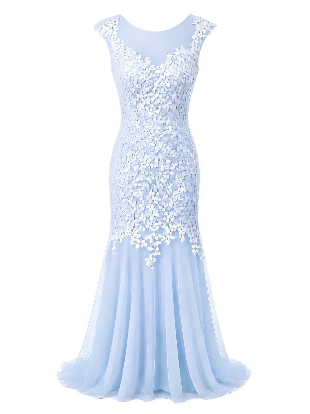 Sale!!!! Jaeden Light Blue Lace Appliqué Illusion Neck Maxi Gown